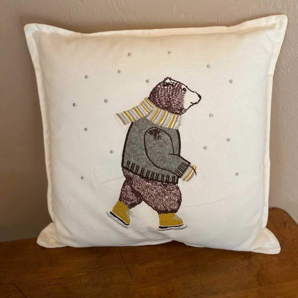 Ice Skating Bear Sweater Wearing With Scarf Pillow 18x18”